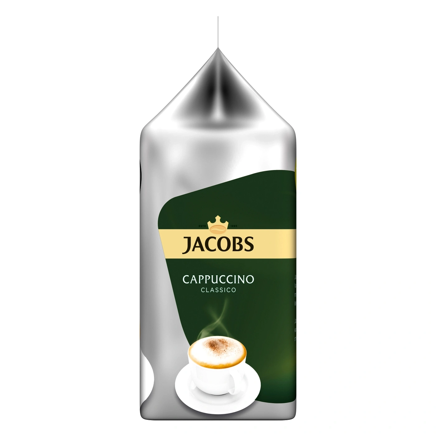 Jacobs Cappuccino classico Kaffeepackung, silberne Verpackung, grünes Etikett, Kaffeetasse