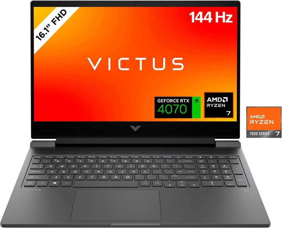 Laptop mit 16,1 Zoll FHD-Display, 144 Hz, GeForce RTX 4070, AMD Ryzen 7, Victus-Logo.
