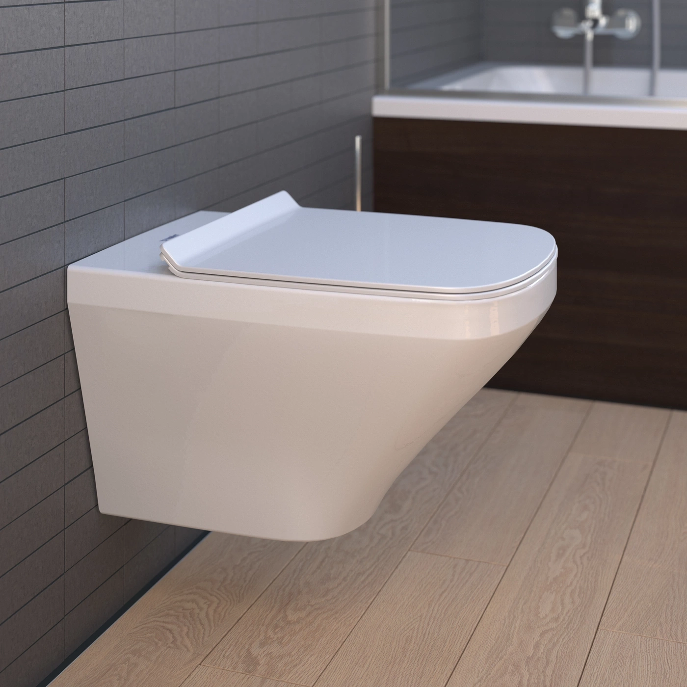 Hängendes WC in einem Badezimmer mit Holzfußboden und grauen Fliesen an der Wand.
