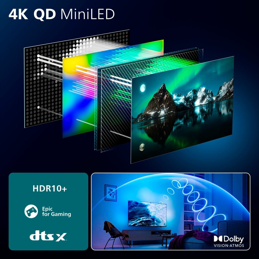 4K QD MiniLED Fernseher mit HDR10+, Gaming, DTS:X und Dolby Vision Atmos.