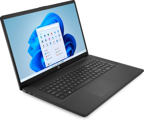Schwarzer Laptop mit Windows-Oberfläche, HP-Logo, Tastatur und Touchpad, geöffnet.