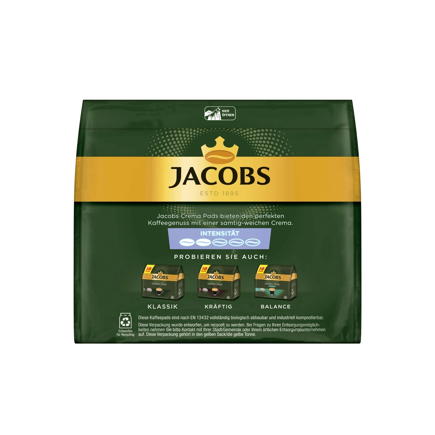 Jacobs Crema Pads Kaffeepackung. Klassik, Kräftig, Balance. Biologisch abbaubar und recycelbar.