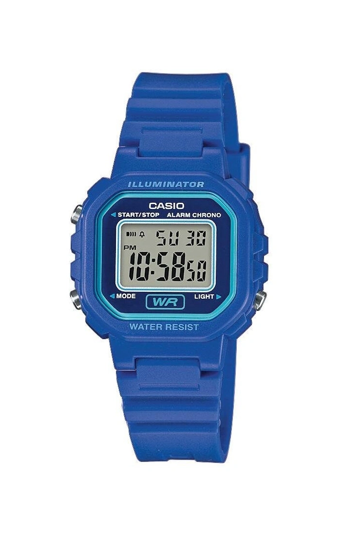 Eine blaue Casio Digitaluhr mit beleuchtetem Display und Wasserdichtigkeit.