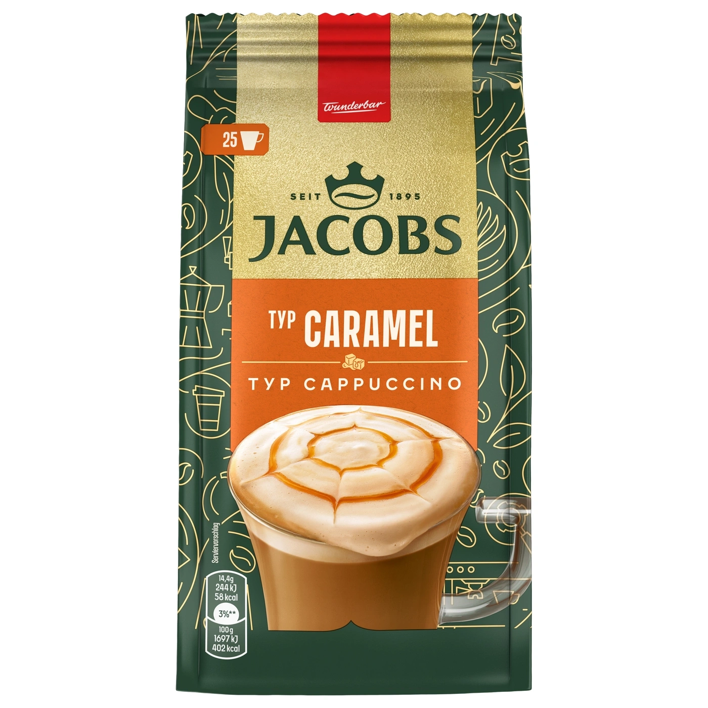 Jacobs Typ Caramel Cappuccino Spezialitäten Verpackung mit Kaffeetasse