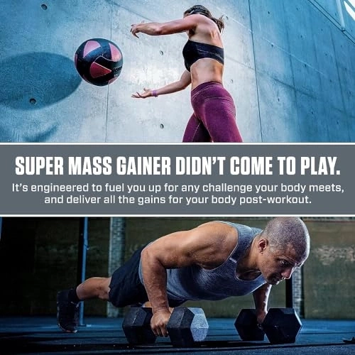 Sportler trainieren mit Gewichten und Ball, Text wirbt für Super Mass Gainer.