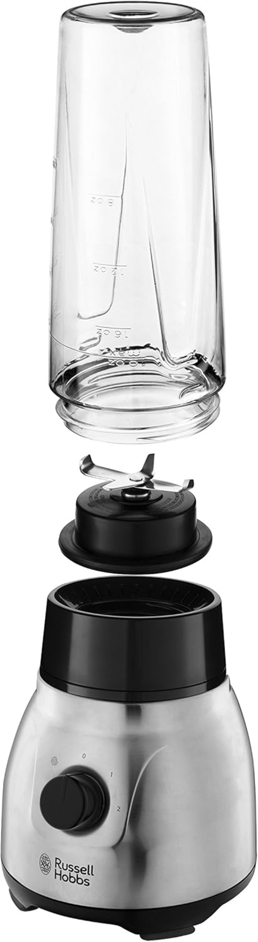 Explodierte Ansicht eines Mixers mit Glasbehälter, Klingen und Basis.