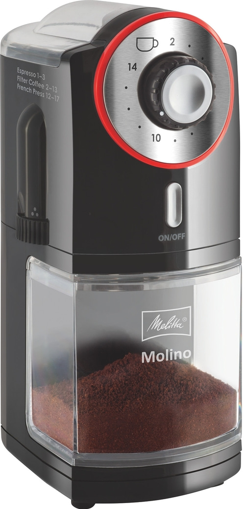 MELITTA Kaffeemühle Molino Schwarz-Rot 100W 17 Mahlgradeinstellungen 200g