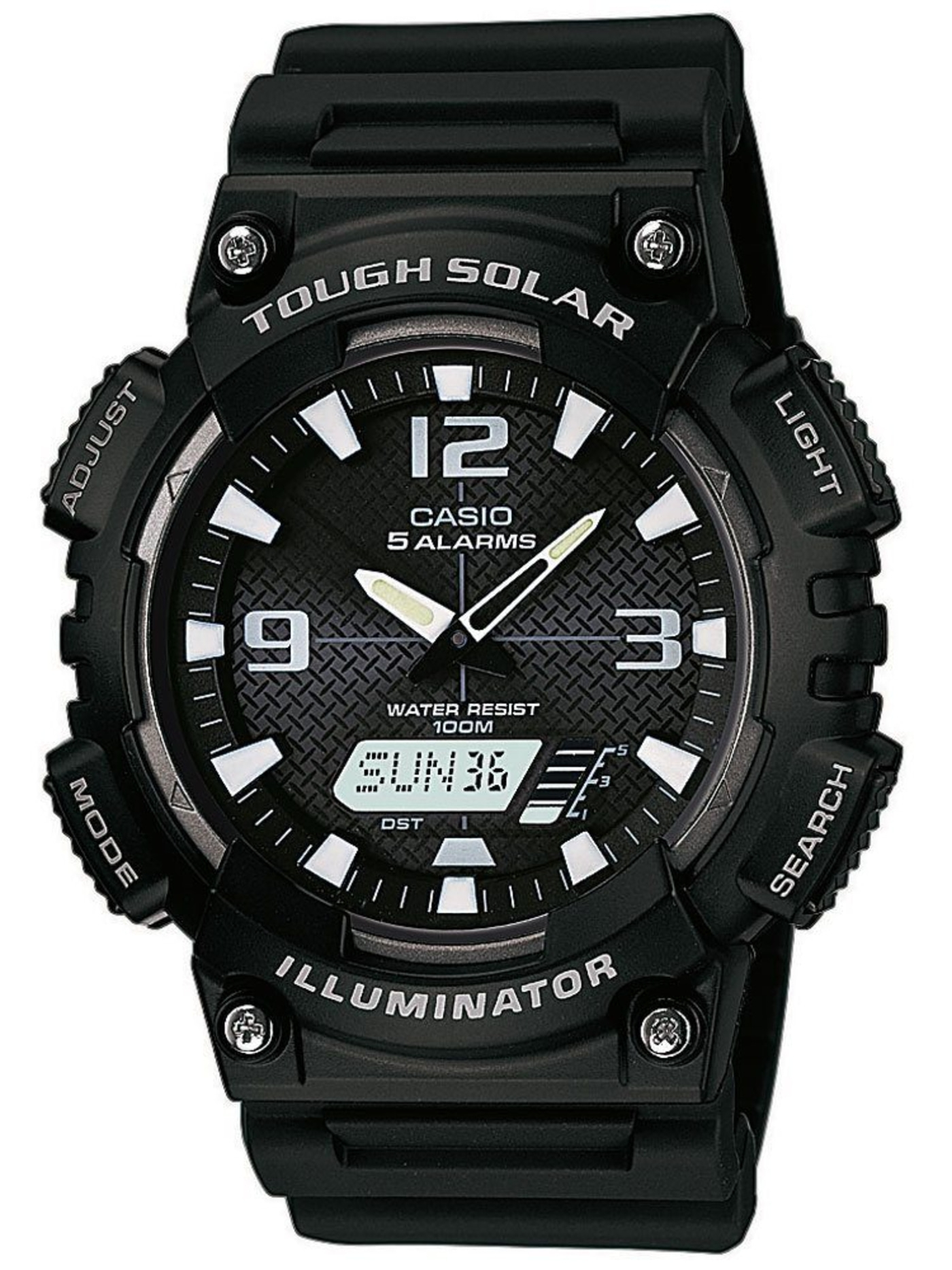 Schwarze Casio Uhr mit Solar, 12 Uhr, 5 Alarme, Wasserfest, Illuminator, Licht, Search