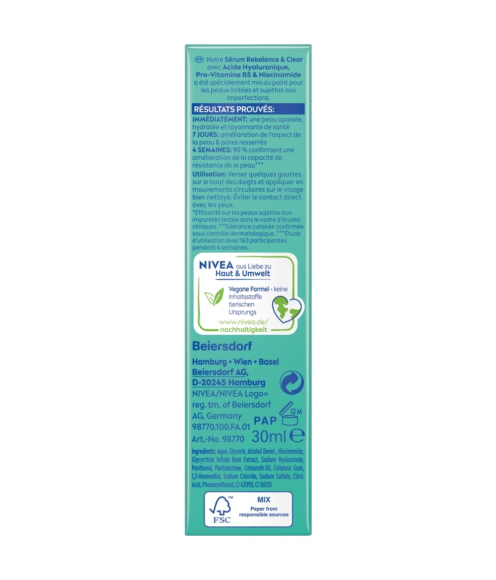 Nivea Serum Flasche mit Inhaltsstoffen und Anwendungsdetails für Hautpflege.