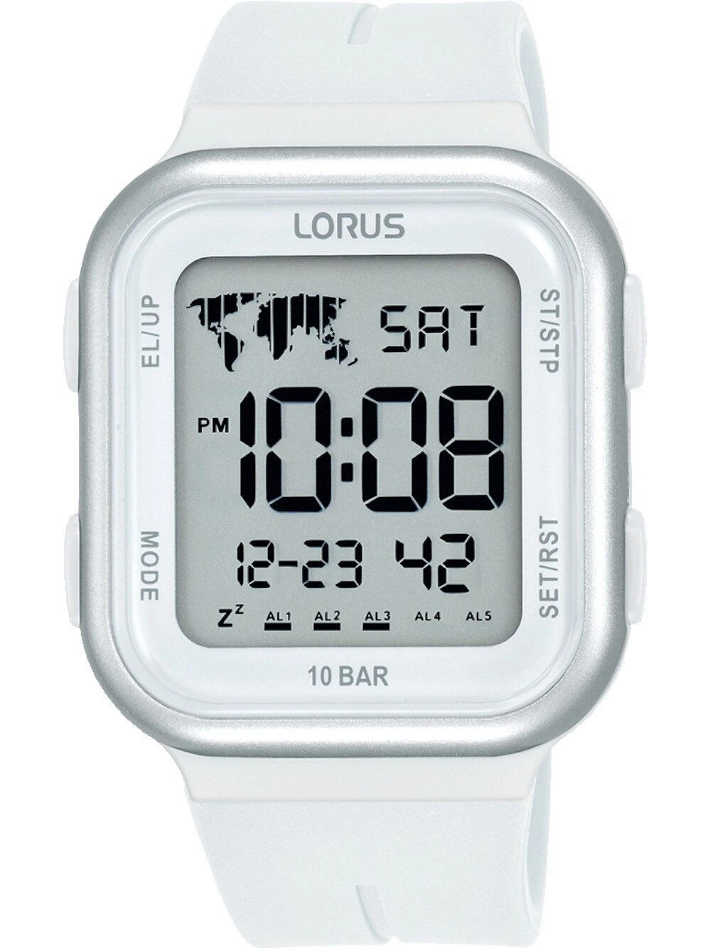 Eine weiße Lorus Digitaluhr mit Weltkarten-Display und silbernem Rahmen
