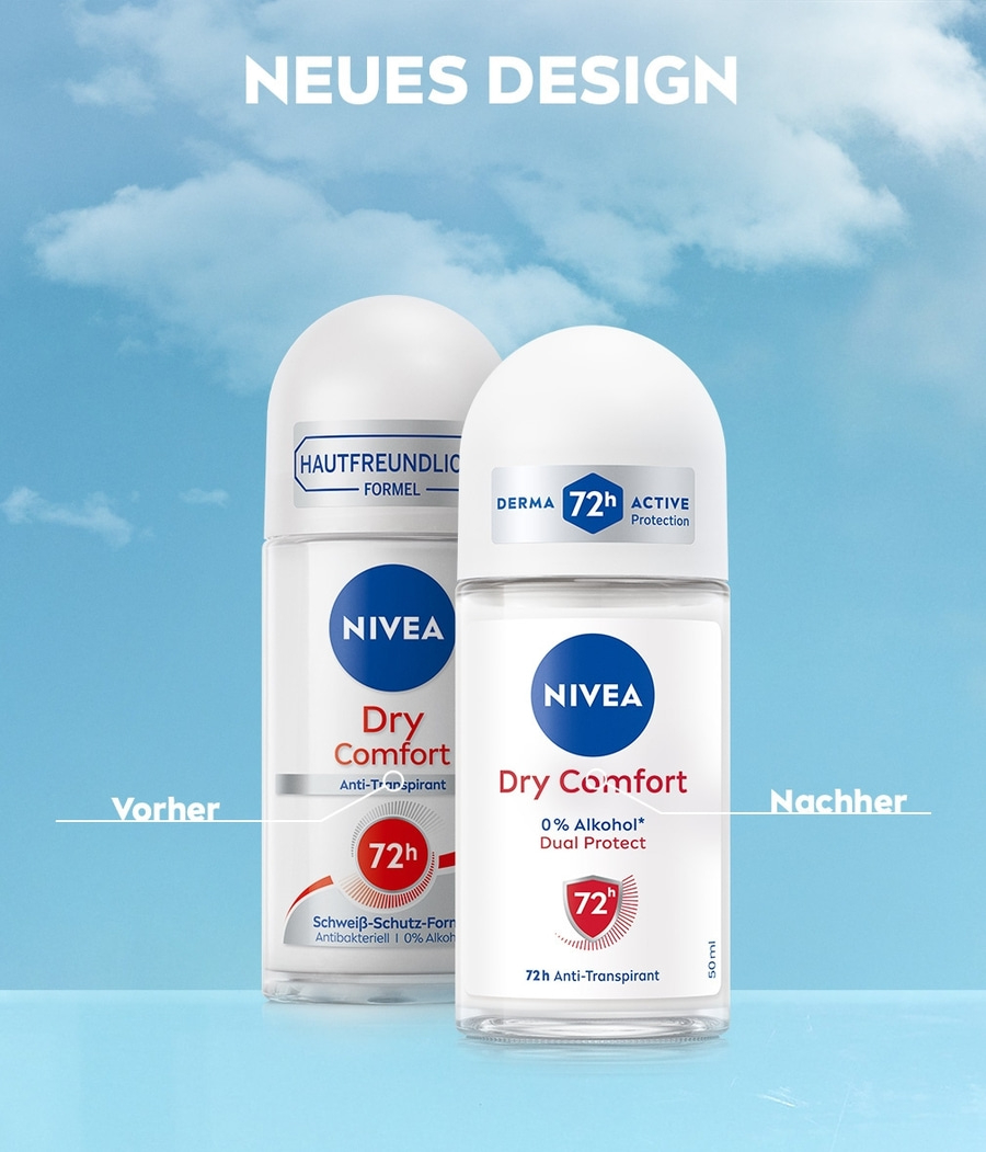 Nivea Dry Comfort Deodorant, Vorher-Nachher-Vergleich, neues Design, 72h Anti-Transpirant
