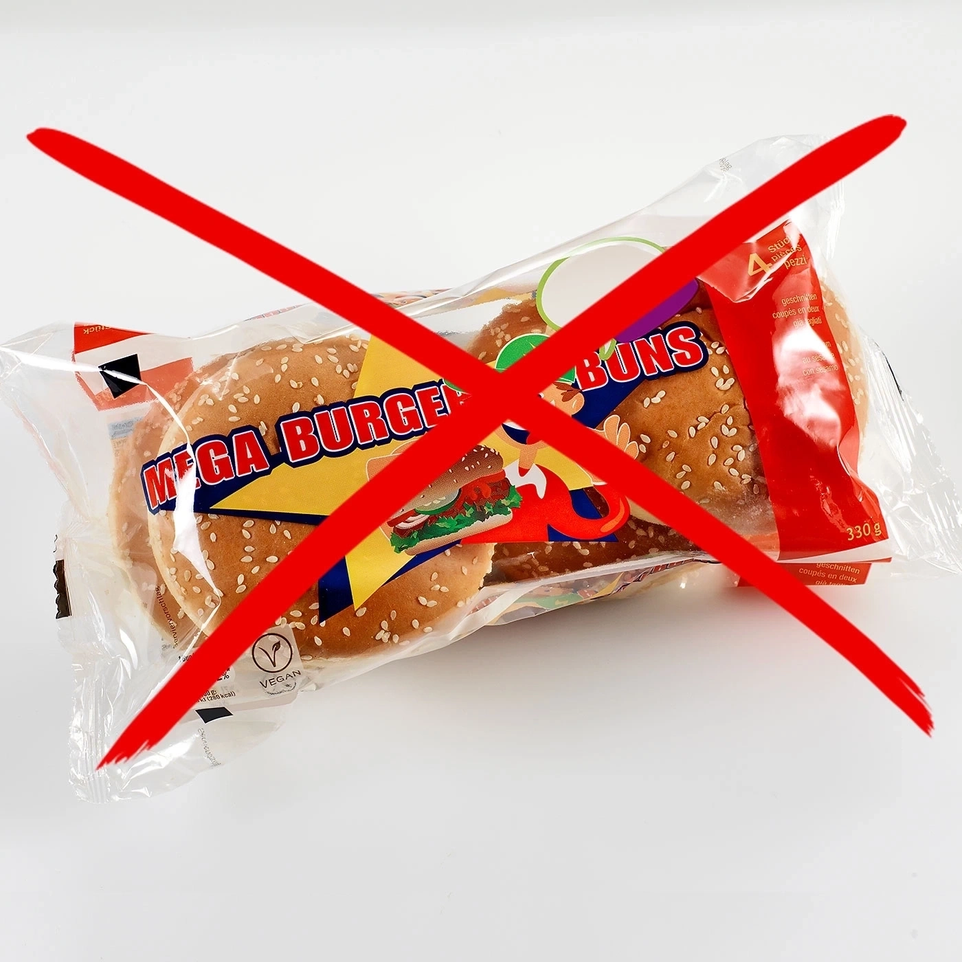 Verbotene Burger Buns Packung, vegan, mit rotem X, 330g, Mega Burger