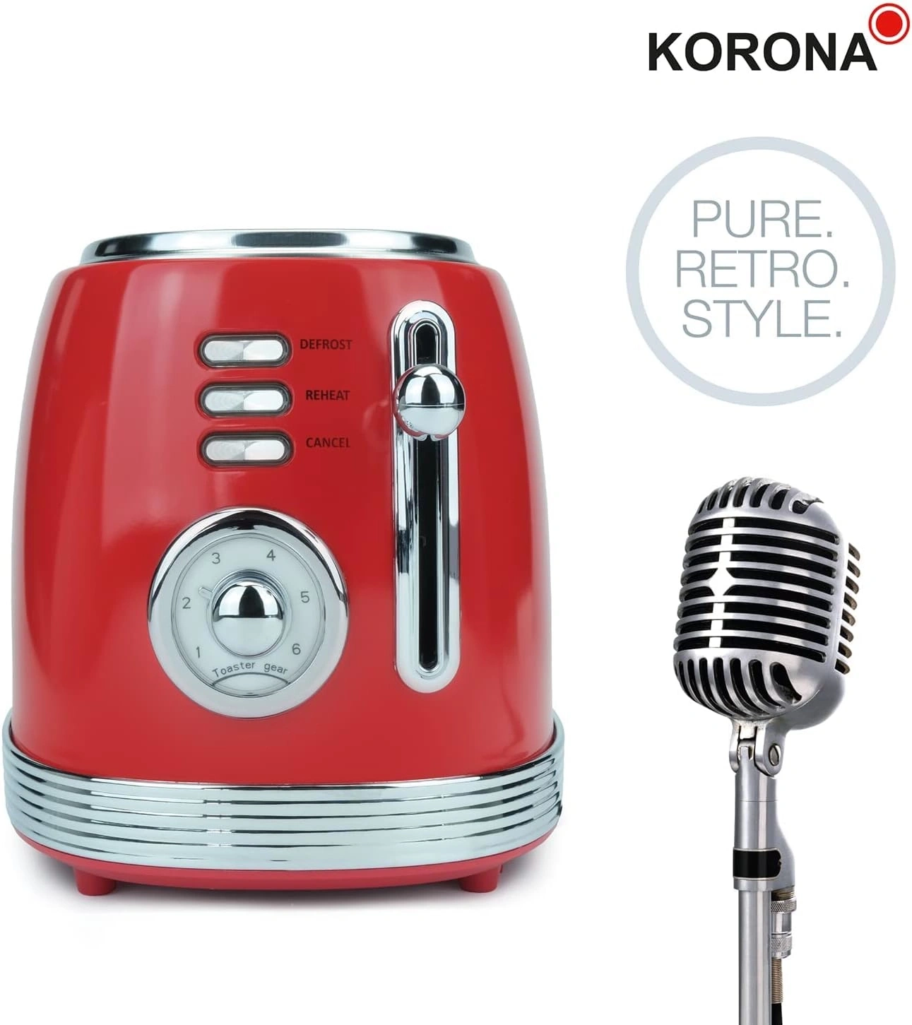 Roter Toaster im Retro-Stil mit Mikrofon und Schriftzug 'KORONA' und 'PURE. RETRO. STYLE.'