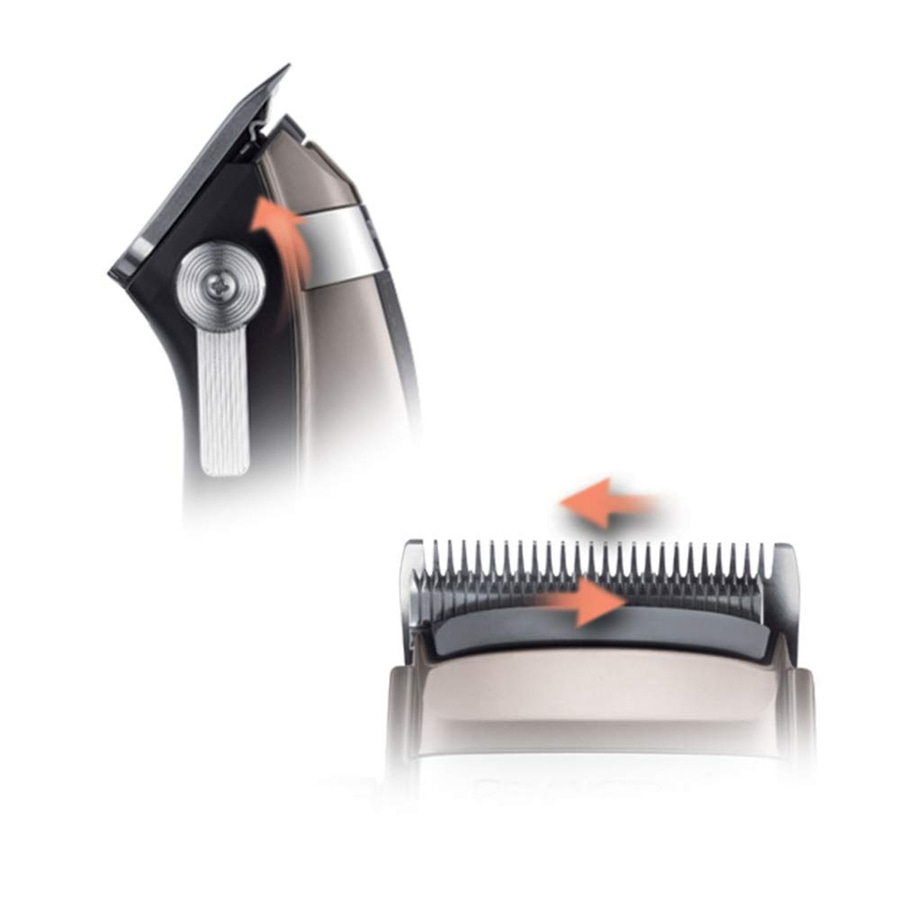 Haarschneider, Pfeile zeigen die Bewegung der Klingen an, Nahaufnahme, weißer Hintergrund.