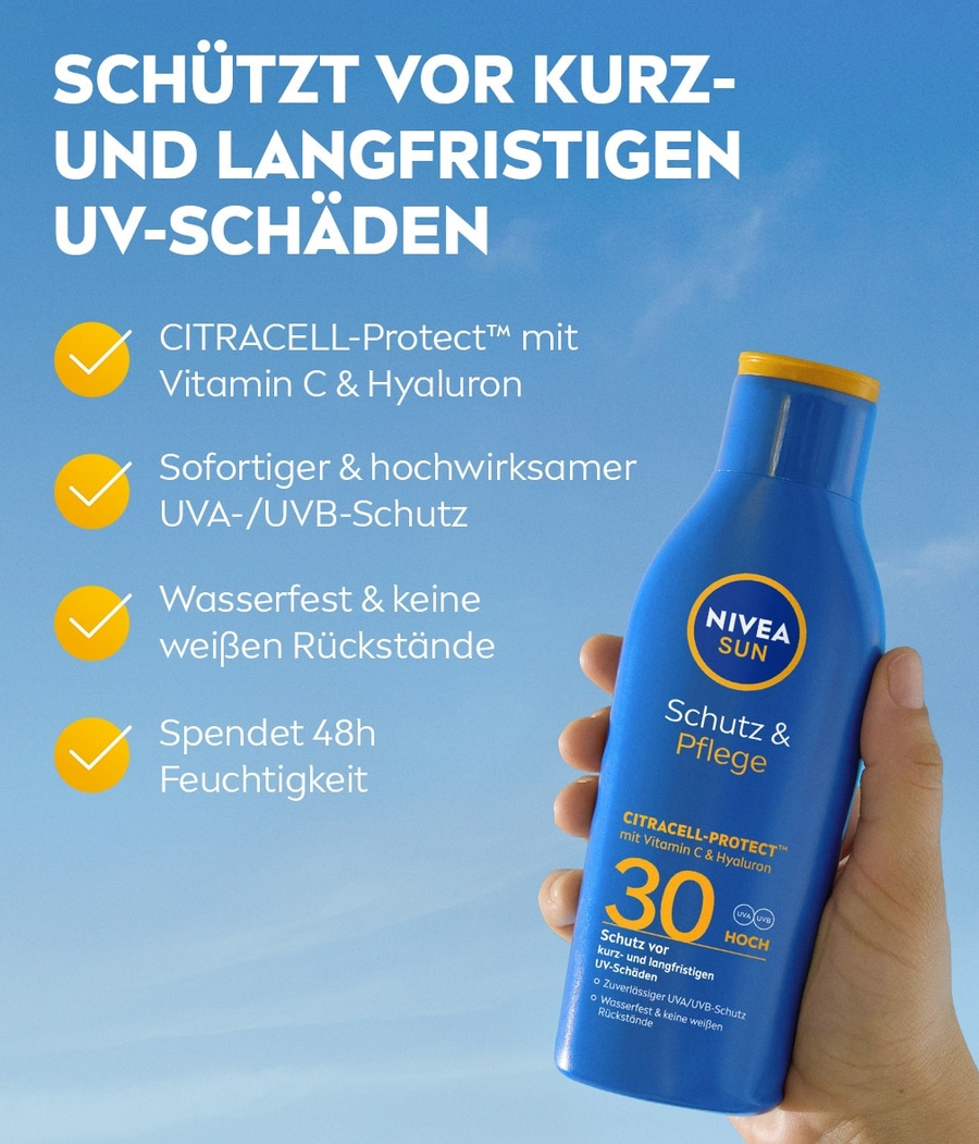 Nivea Sun Sonnencreme, Schutz vor UV-Schäden, Vitamin C und Hyaluron, wasserfest