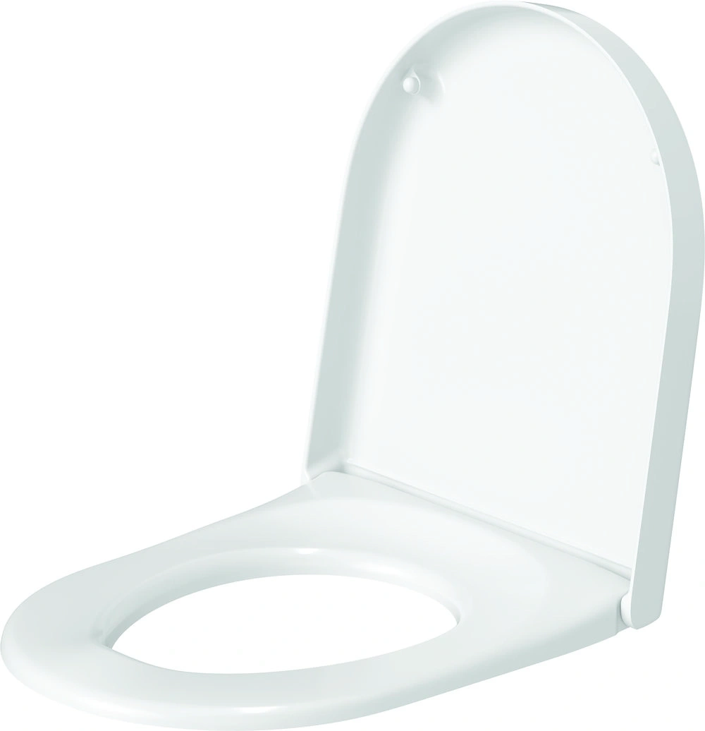 Weißer Toilettensitz, der geöffnet ist, vor weißem Hintergrund.