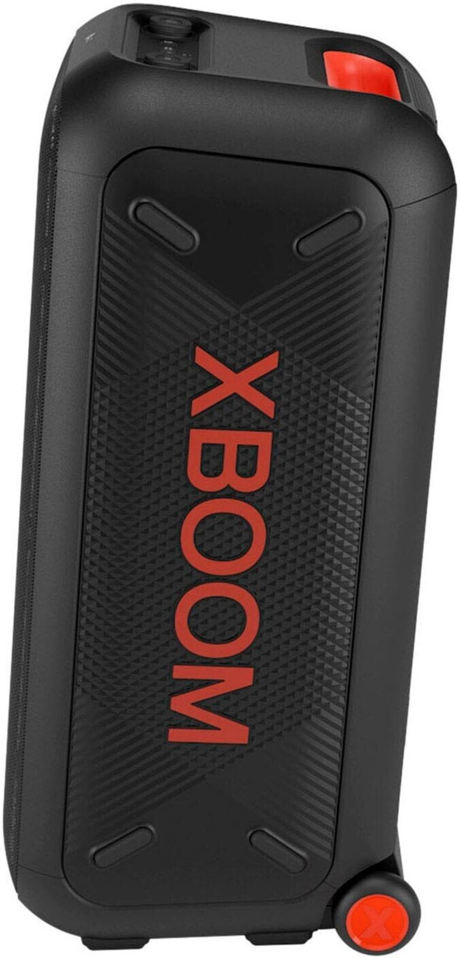 Schwarzer Lautsprecher mit roter Schrift XBOOM und rotem Knopf und Rad.
