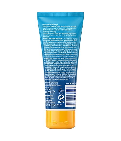 Die Rückseite einer Nivea Sonnencreme mit Informationen zur Anwendung und Inhaltsstoffen.
