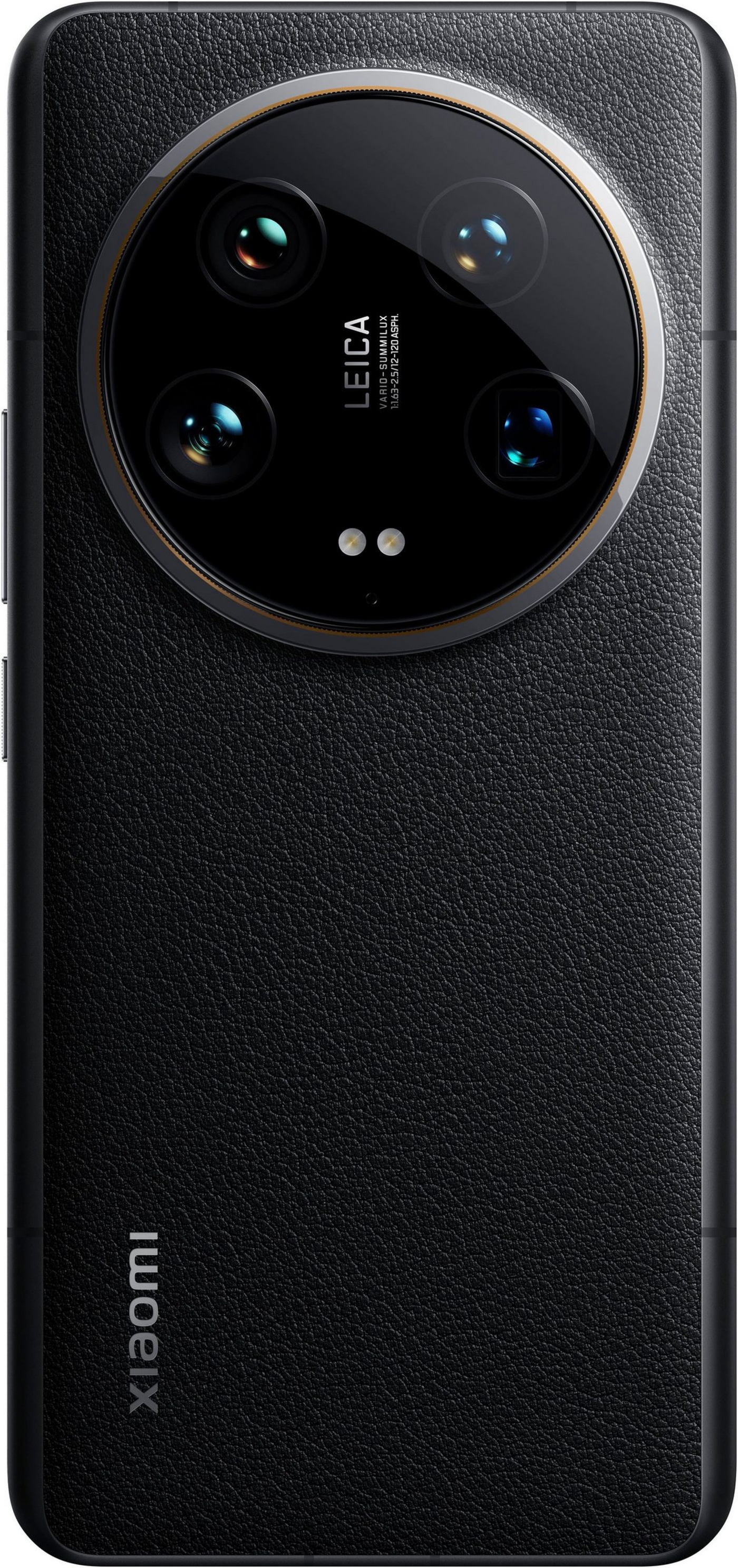 Schwarzes Smartphone mit Leica-Kamera und Ledertextur, Xiaomi-Logo.