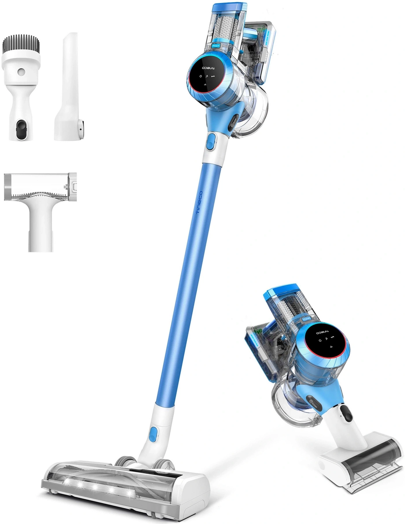 Blauer Staubsauger mit Zubehör, ideal für die Reinigung von Böden und Möbeln.