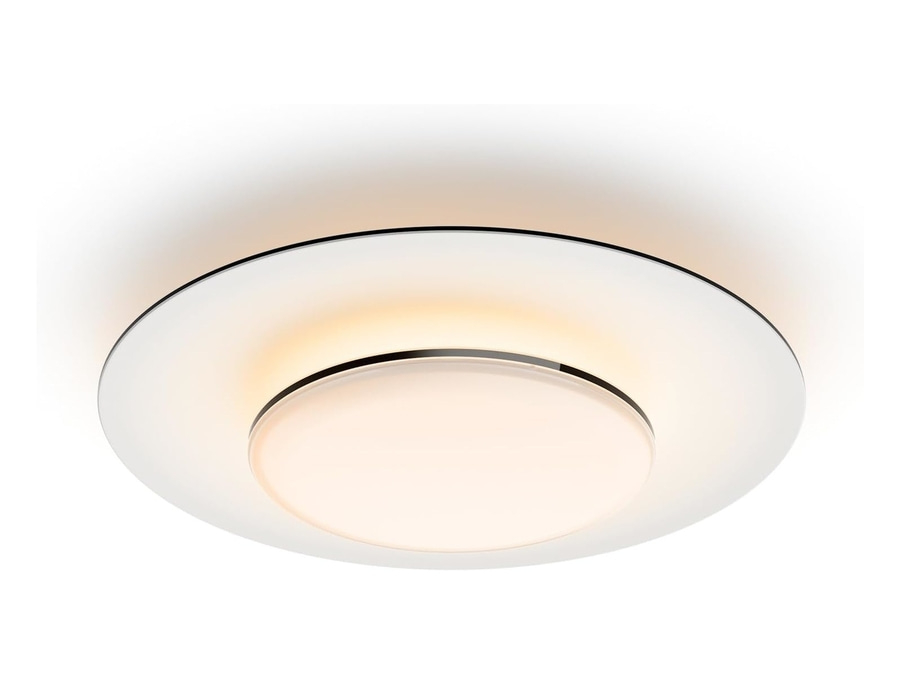 Deckenleuchte mit weißem, rundem Design und schwarzem Rand, hell beleuchtet.