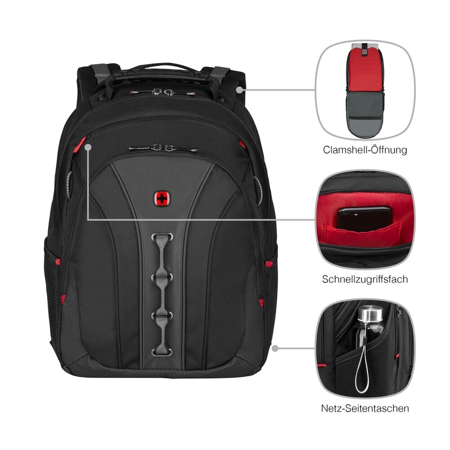 Schwarzer Rucksack mit Clamshell-Öffnung, Schnellzugriffsfach und Netztaschen.