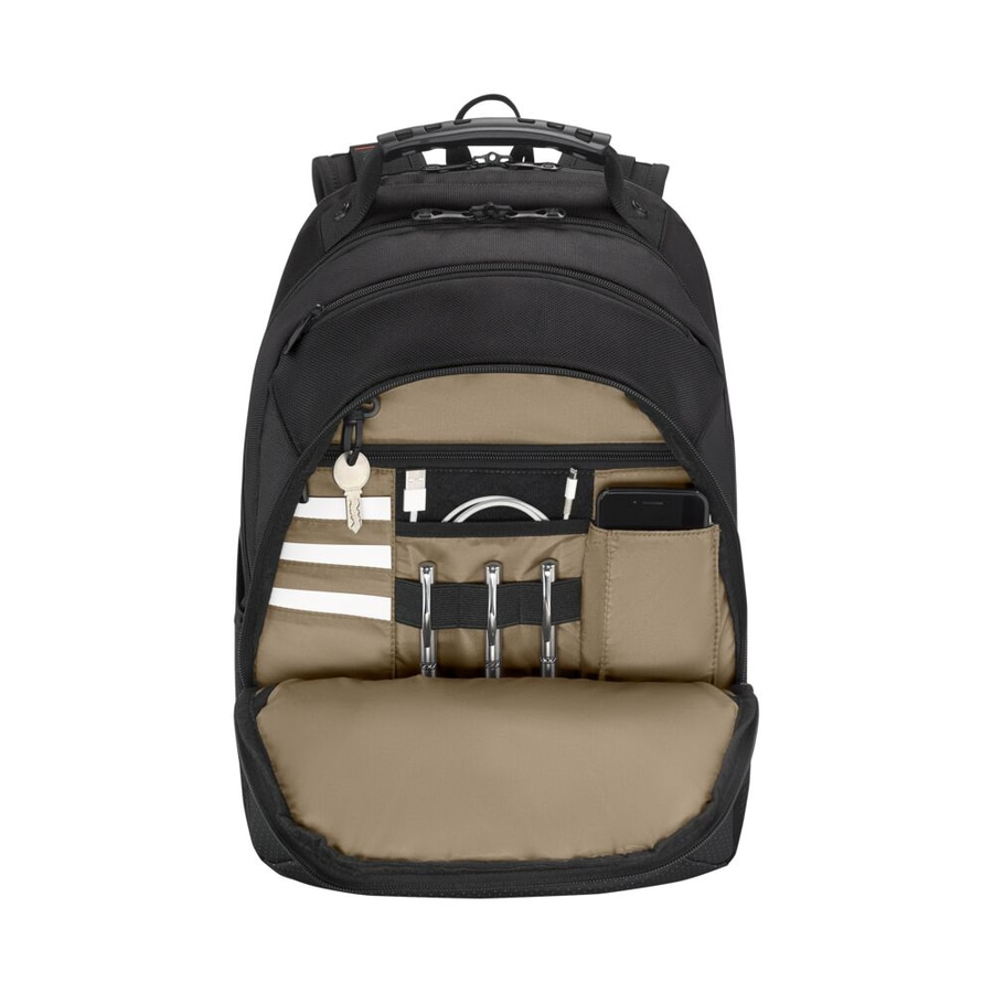 Schwarzer Rucksack mit geöffneter Fronttasche, Schlüssel, Stifthalter und Handyfach.