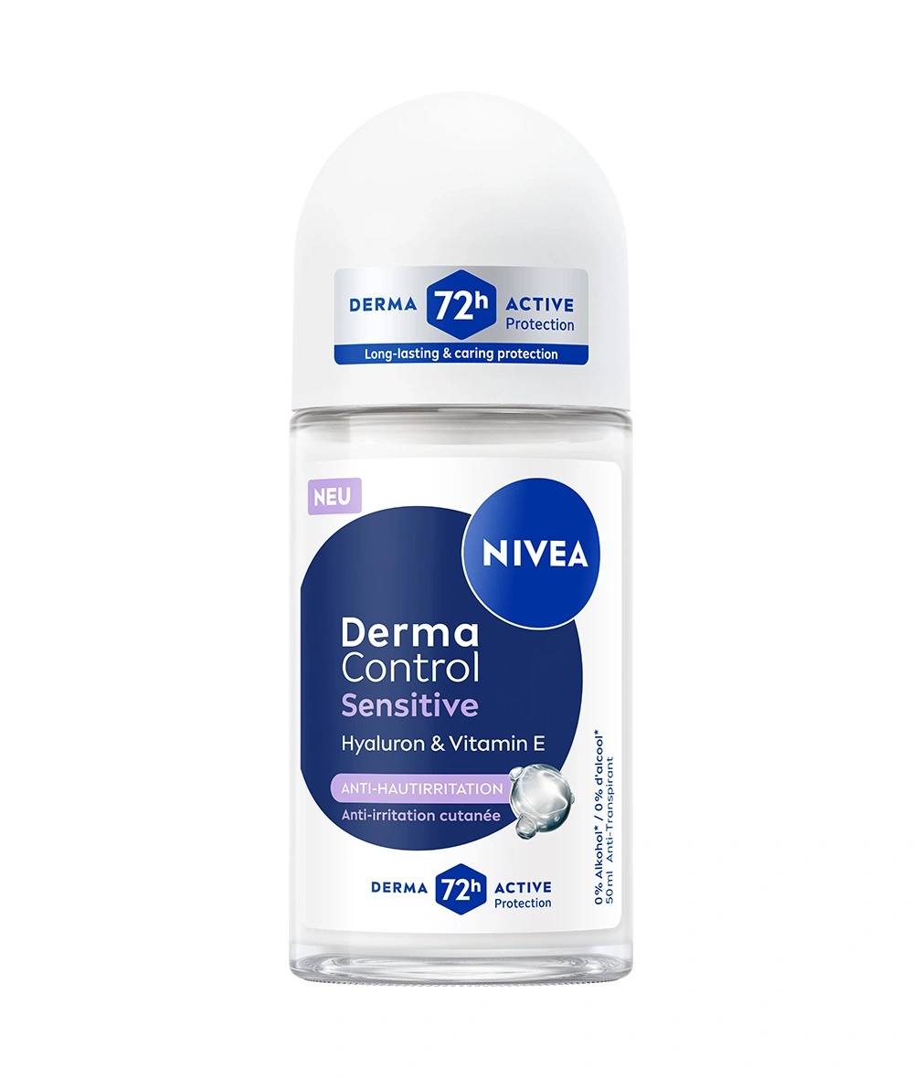 Nivea Derma Control Sensitive Deoroller mit Hyaluron und Vitamin E für 72h aktiven Schutz und Hautberuhigung.