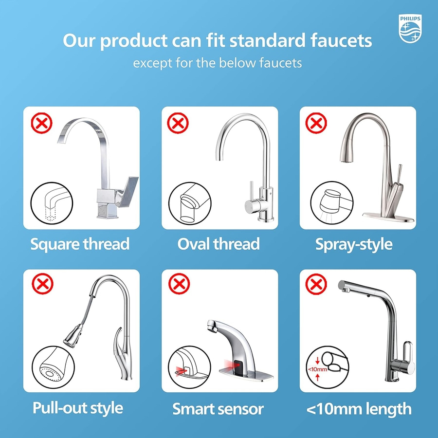 Das Produkt passt nicht zu den abgebildeten Wasserhähnen: quadratisches Gewinde, ovales Gewinde, Sprühstil, Ausziehstil, Smart Sensor, <10mm Länge.