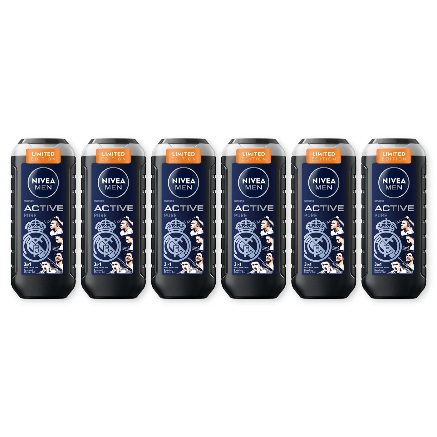 Sechs Flaschen Nivea Men Duschgel in schwarzer Verpackung mit Real Madrid Logo.