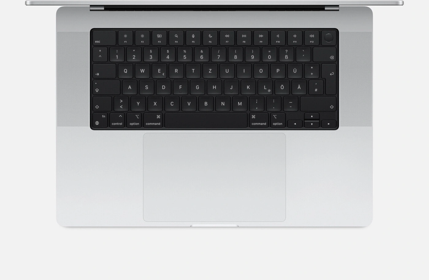Ein Laptop-Tastatur-Layout mit deutschen Zeichen und einem großen Touchpad