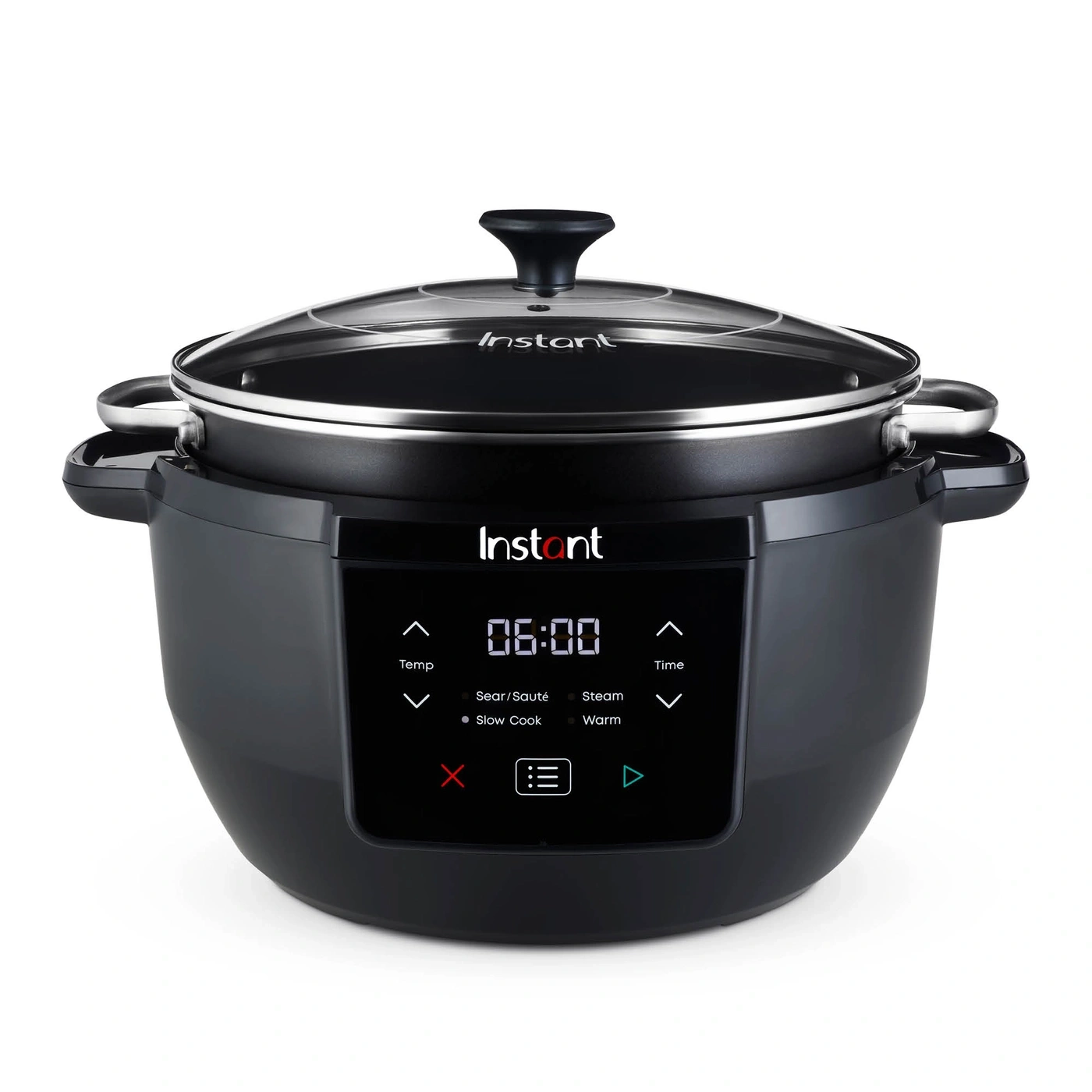 Schwarzer Instant Pot mit digitalem Display und Glasdeckel