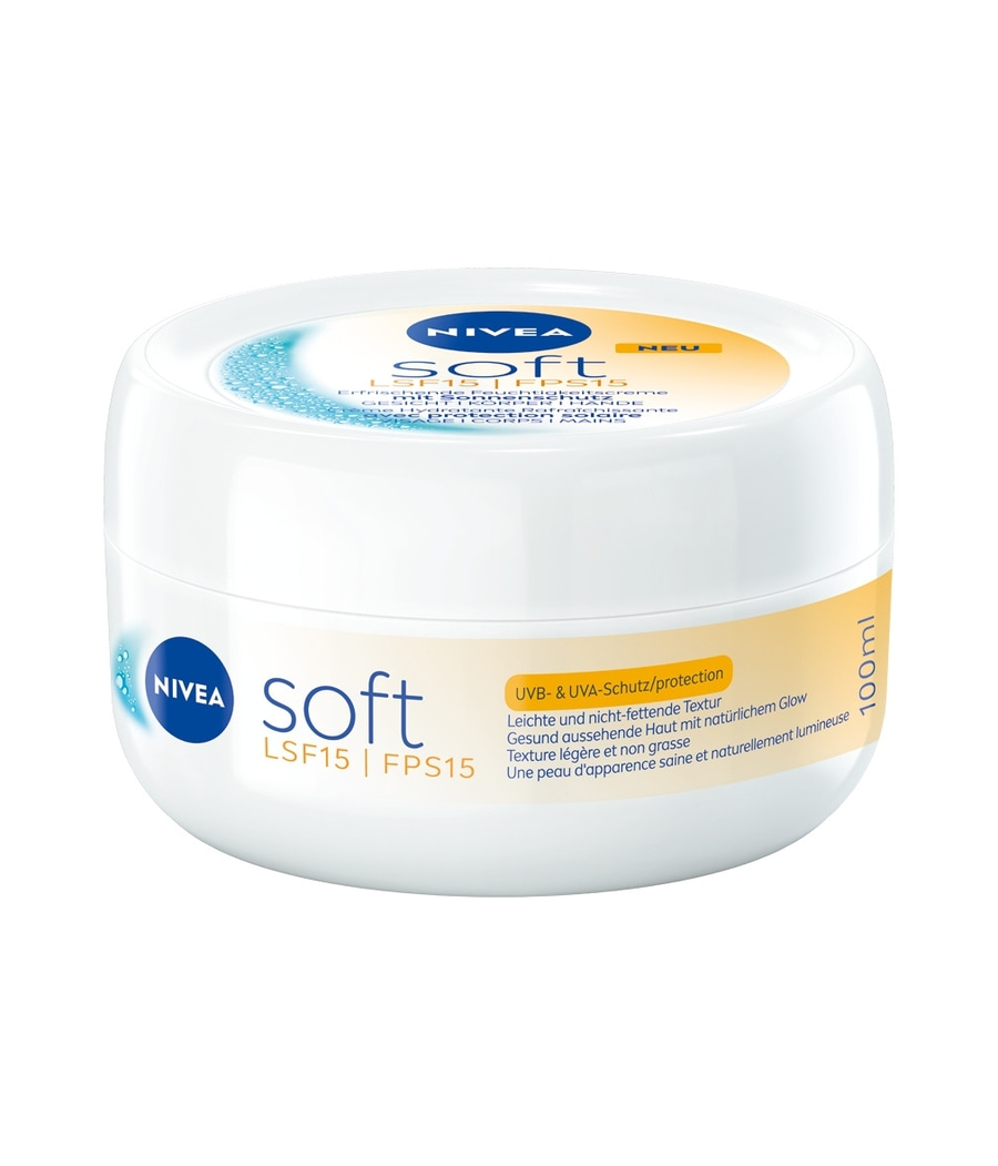 Nivea Soft Feuchtigkeitscreme mit LSF15/FPS15 in einem weißen Tiegel