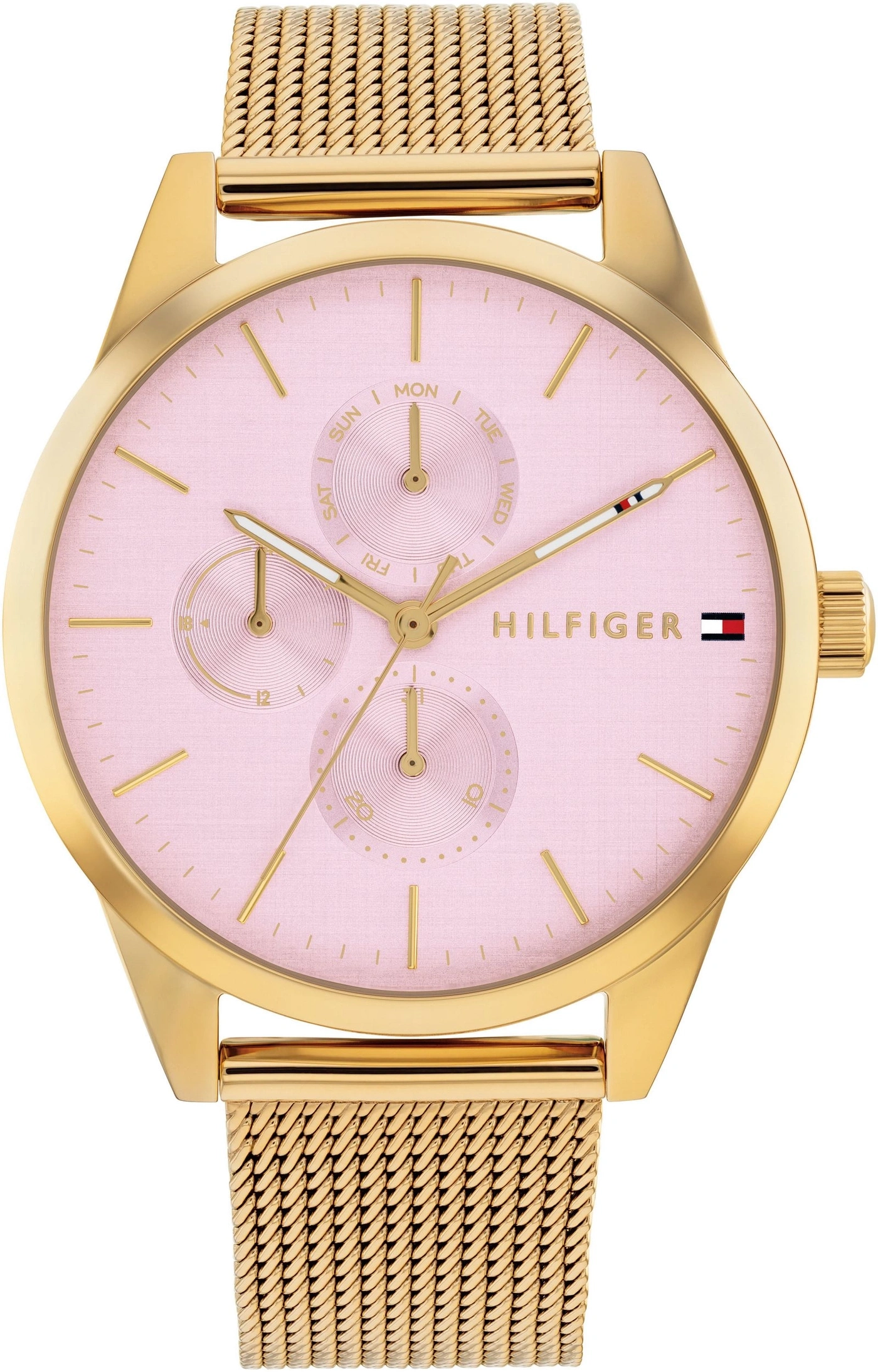 Goldene Tommy Hilfiger Uhr mit pinkem Zifferblatt und Mesh-Armband