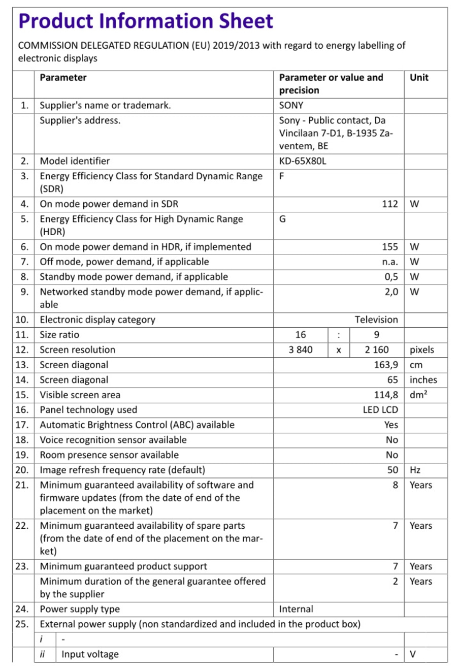Produktinformationsblatt mit technischen Daten zu einem Fernseher von Sony.