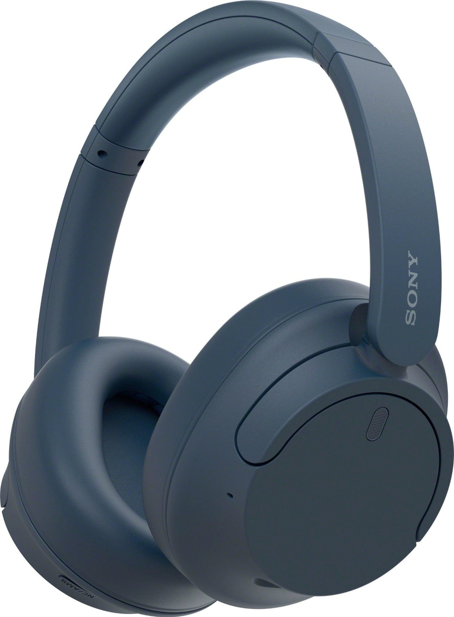 Blaue Sony-Kopfhörer, Over-Ear-Design, Noise-Cancelling-Funktion, Bluetooth-Konnektivität, modernes Design.