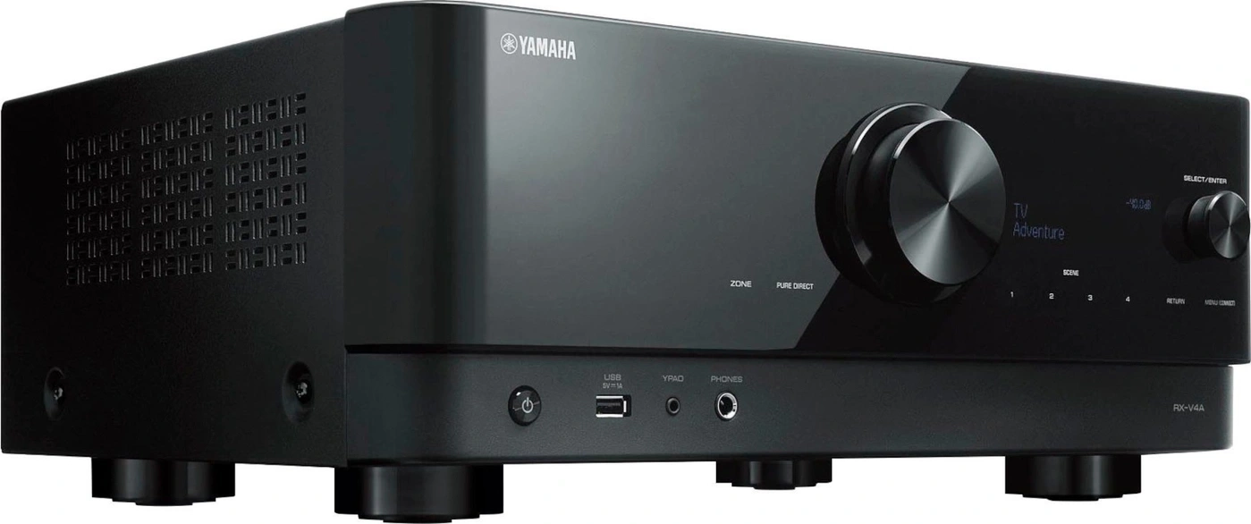 Yamaha AV Receiver RX-V4A in Schwarz mit Bedientasten und Drehreglern auf der Frontblende
