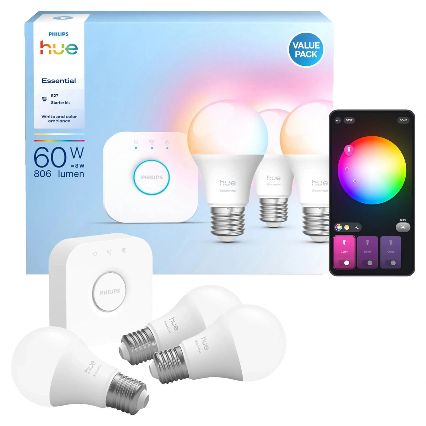 PHILIPS HUE Basis Starter-Set 3x LED-Glühbirne E27 A60 8W + Hue Bridge NEU