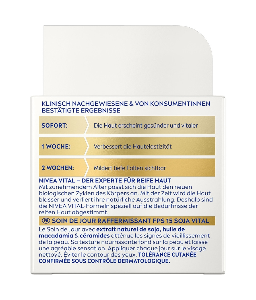 Nivea Vital skin care product with French text explaining benefits for mature skin, with results shown over time. 