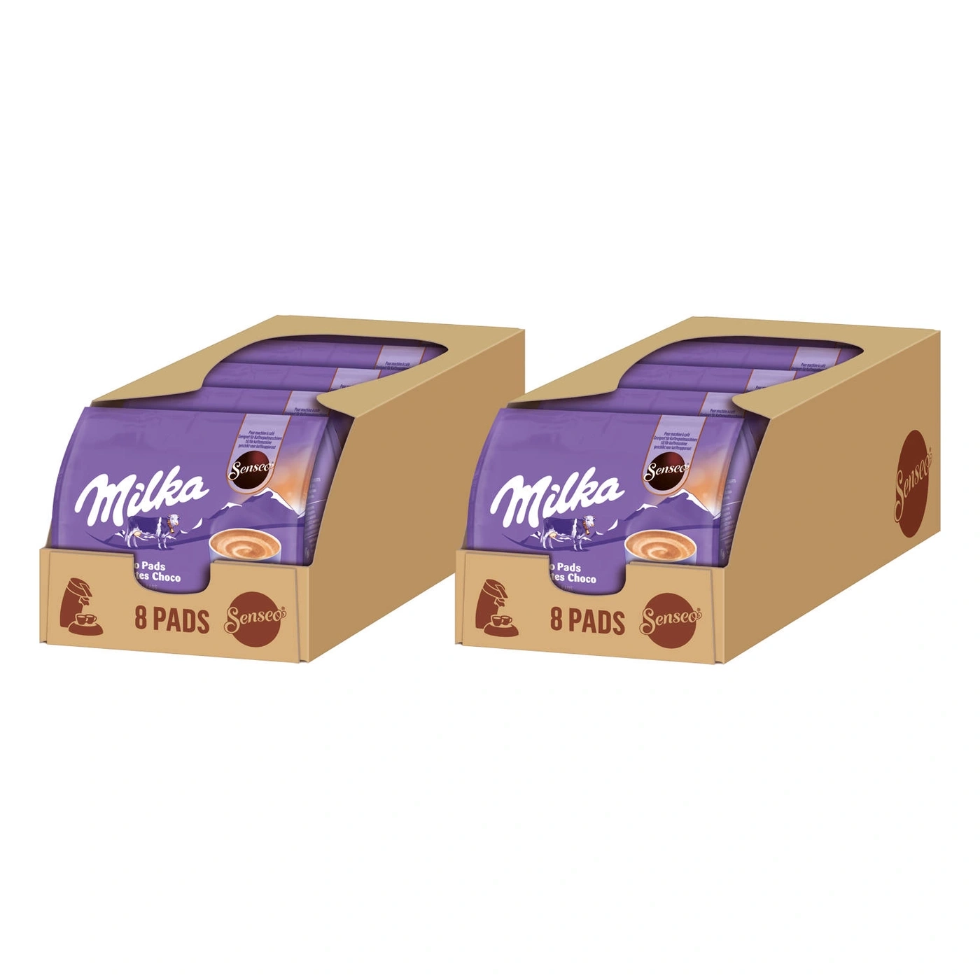 Zwei Milka Senseo Pads-Boxen mit 8 Pads, Schokolade, braun und lila.