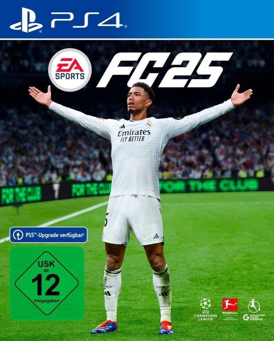 FC25 PS4 Spielcover mit Fußballspieler, EA Sports Logo und USK 12 Siegel.