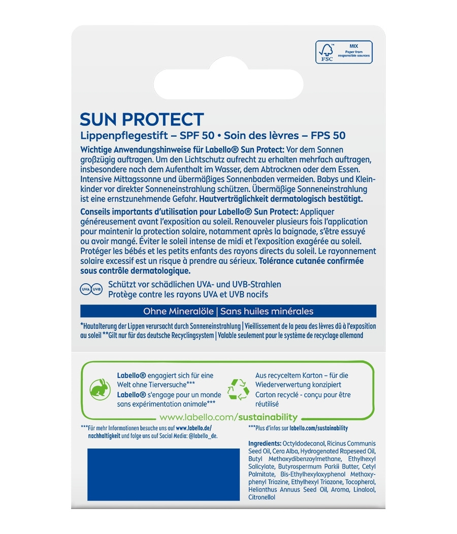 Lippenpflege mit Sonnenschutz mit SPF 50, schützt vor UVA- und UVB-Strahlen.