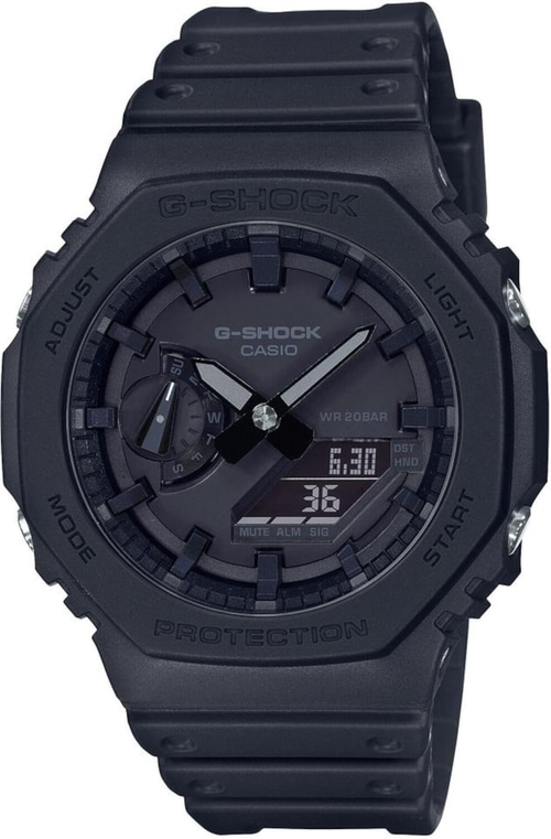 Schwarze G-Shock-Uhr mit digitaler Anzeige und analogem Zifferblatt, robustes Design.