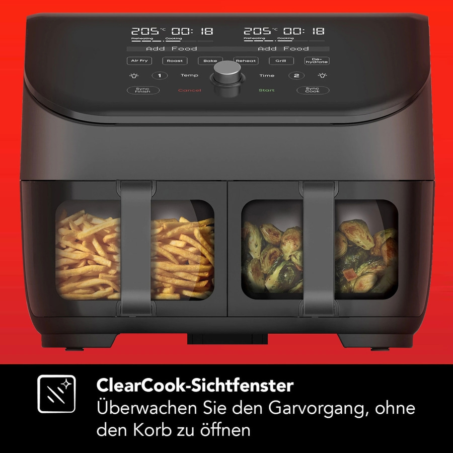 Heißluftfritteuse mit Essen, Bedienfeld und ClearCook-Sichtfenster. Überwachen Sie den Garvorgang.