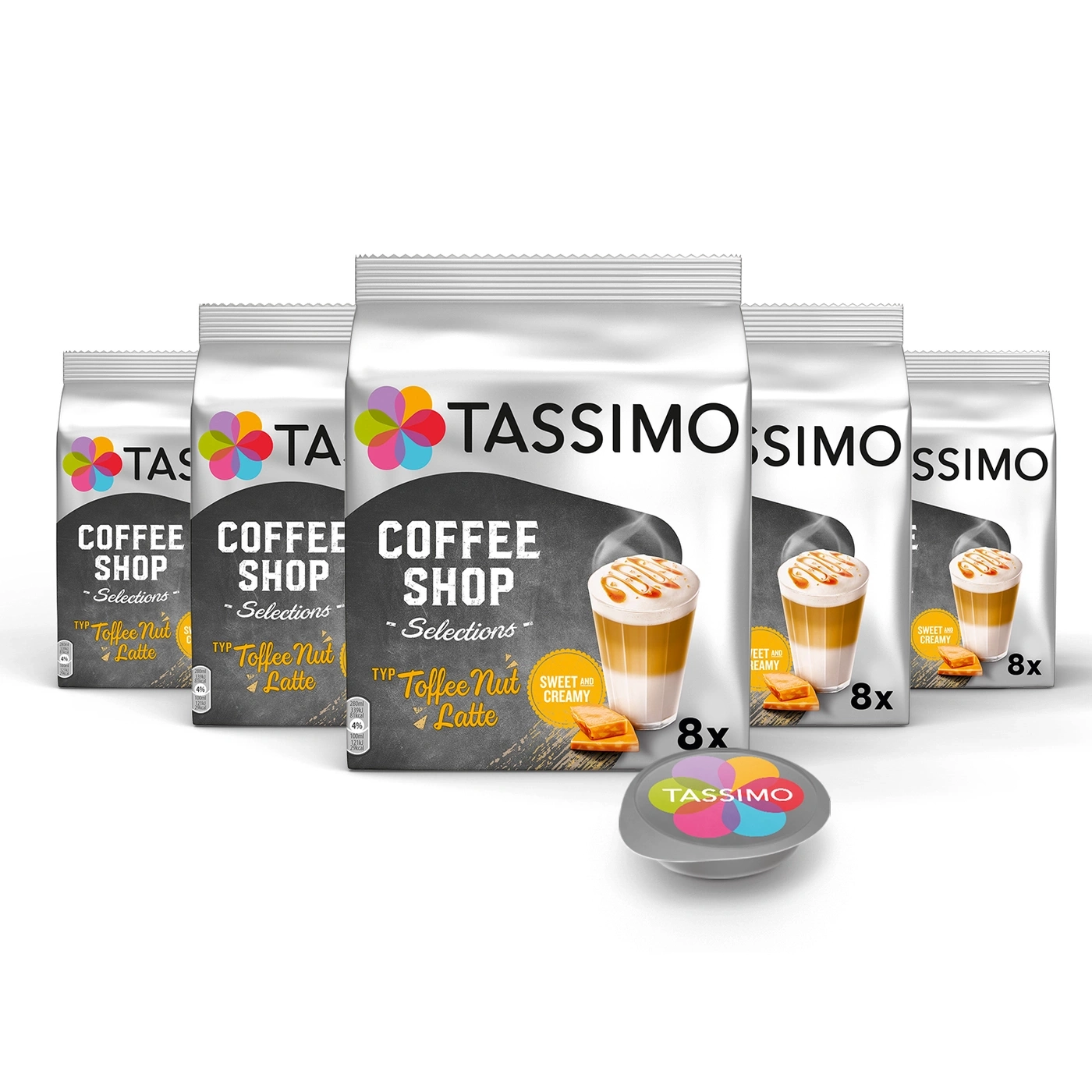 Tassimo Kaffee Shop, Toffee Nut Latte, 8x, süß und cremig, Kaffeekapseln