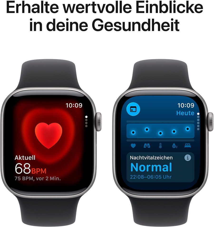 Zwei Apple Watches zeigen Gesundheitsdaten wie Herzfrequenz und Nachtvitalzeichen.