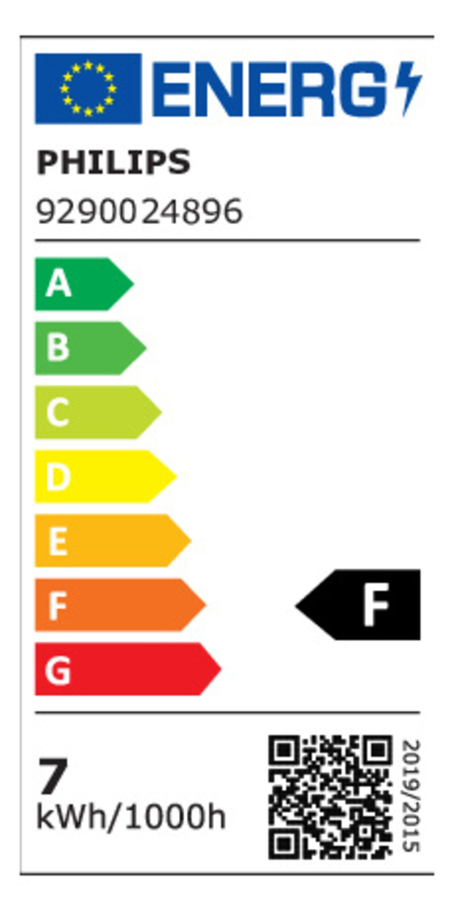 Energielabel Philips, Energieeffizienzklasse F, 7 kWh/1000h, QR-Code, 2019/2015