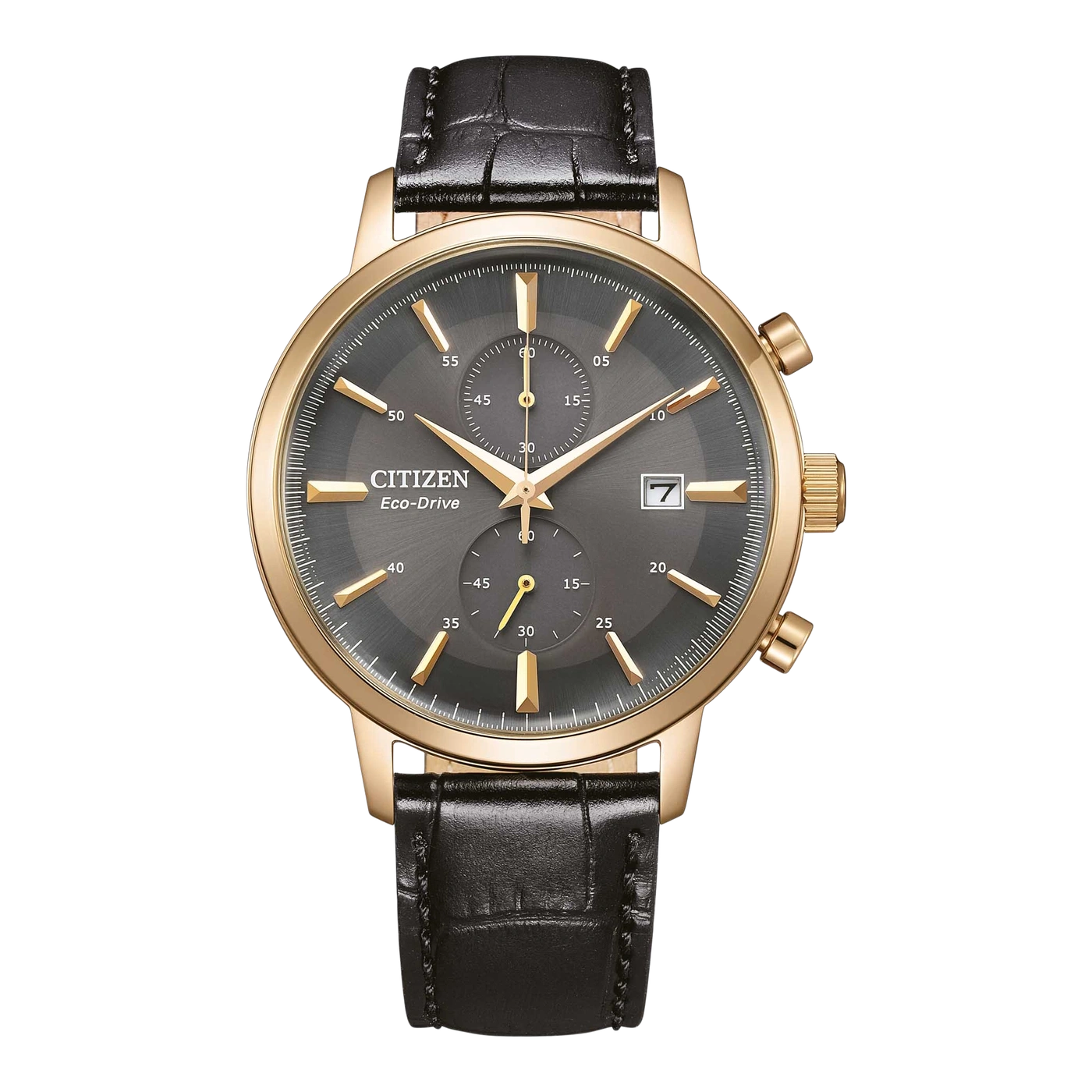 Citizen Eco-Drive Uhr mit schwarzem Lederarmband und goldenem Gehäuse, Datum
