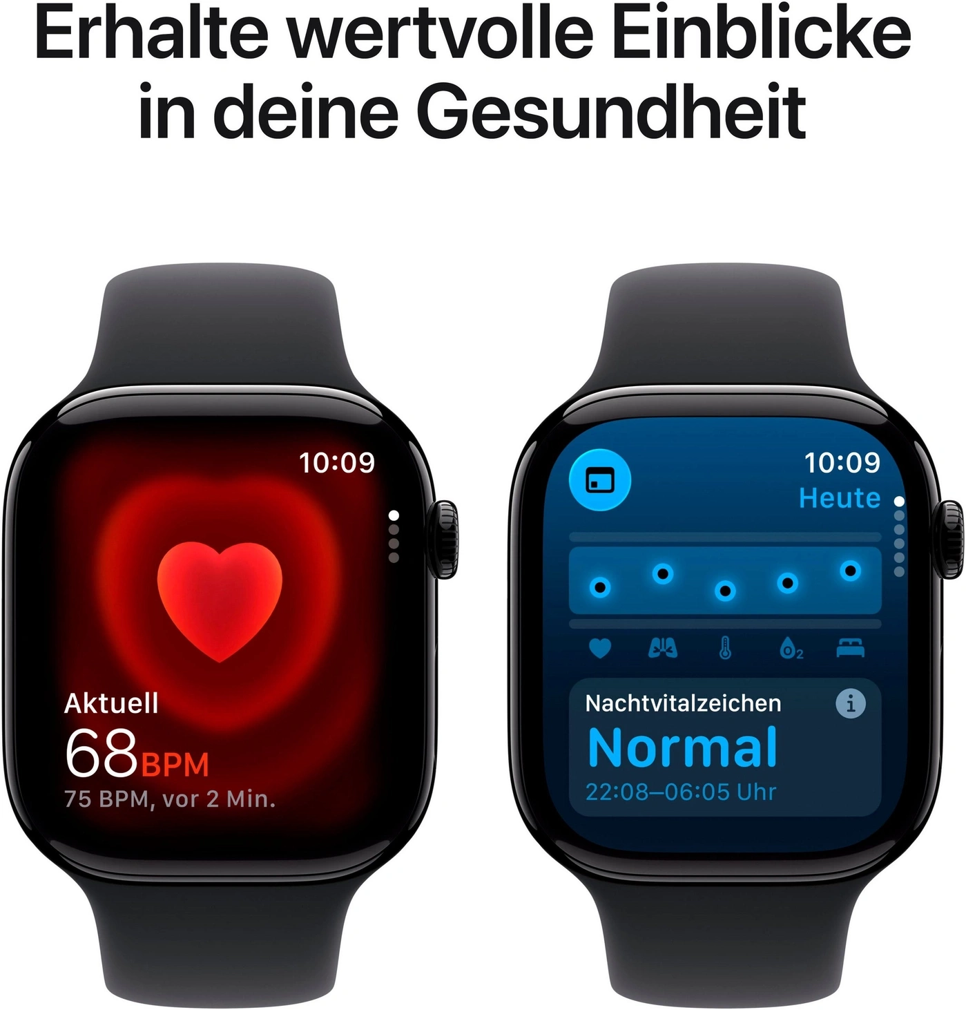 Zwei Apple Watch-Displays: Herzfrequenz und Gesundheitsdaten