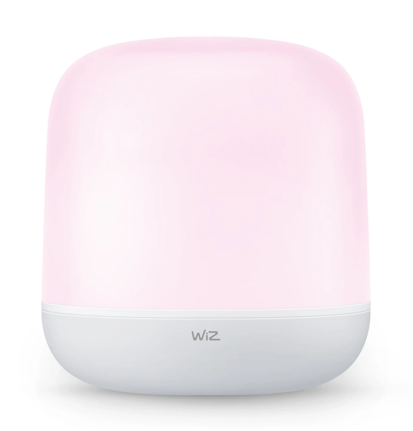 Eine rosa Wiz Tischlampe mit weißem Sockel und aufgedrucktem Logo.